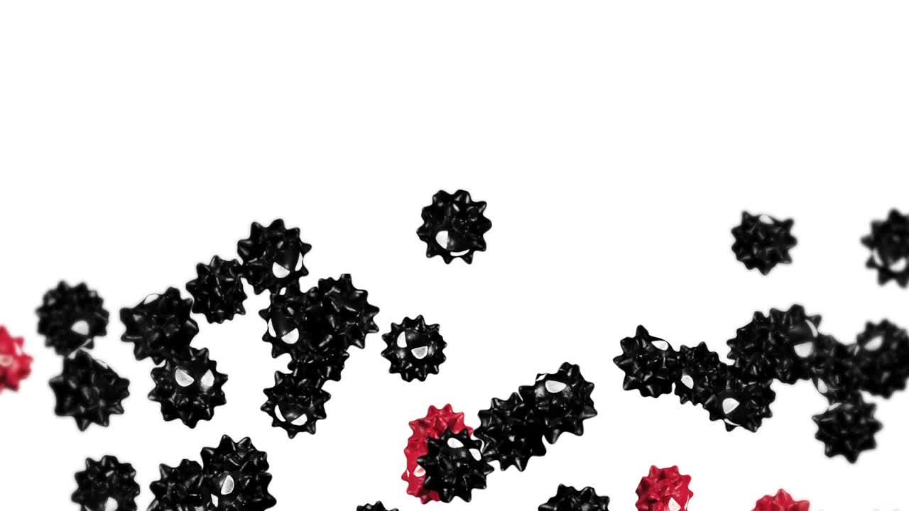 만화 캐릭터에서 많은 바이러스를 날아다니는. 빨간색과 검은색. 새로운 균열. 변종. 의학 개념. 화를 내는 바이러스 마스코트. 3d 루프 애니메이션.