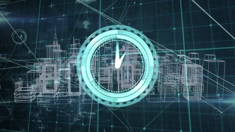 animación del reloj moviéndose sobre el procesamiento de datos y la ciudad del metaverso