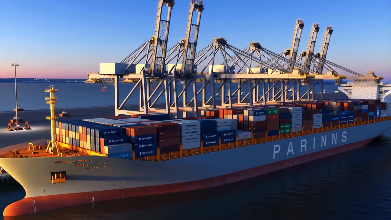 Large Container Ship Docked at Port with Gantry Cranes during Twilight
