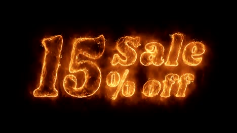 sale 15% percent off word hot animated burning realistic fire flame loop.
