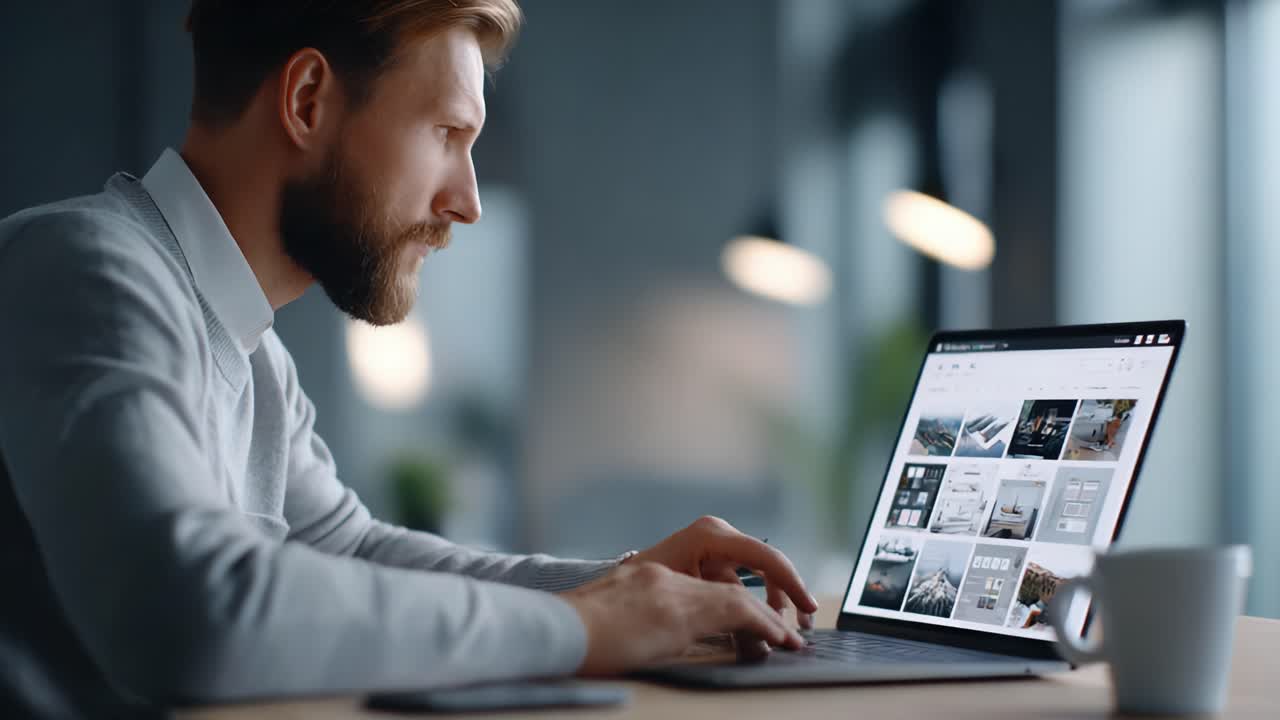 Focused Professional Working on Laptop in Modern Workspace, Engaged in Creative Design and Online Collaboration, Showcasing a Productive and Inspiring Environment