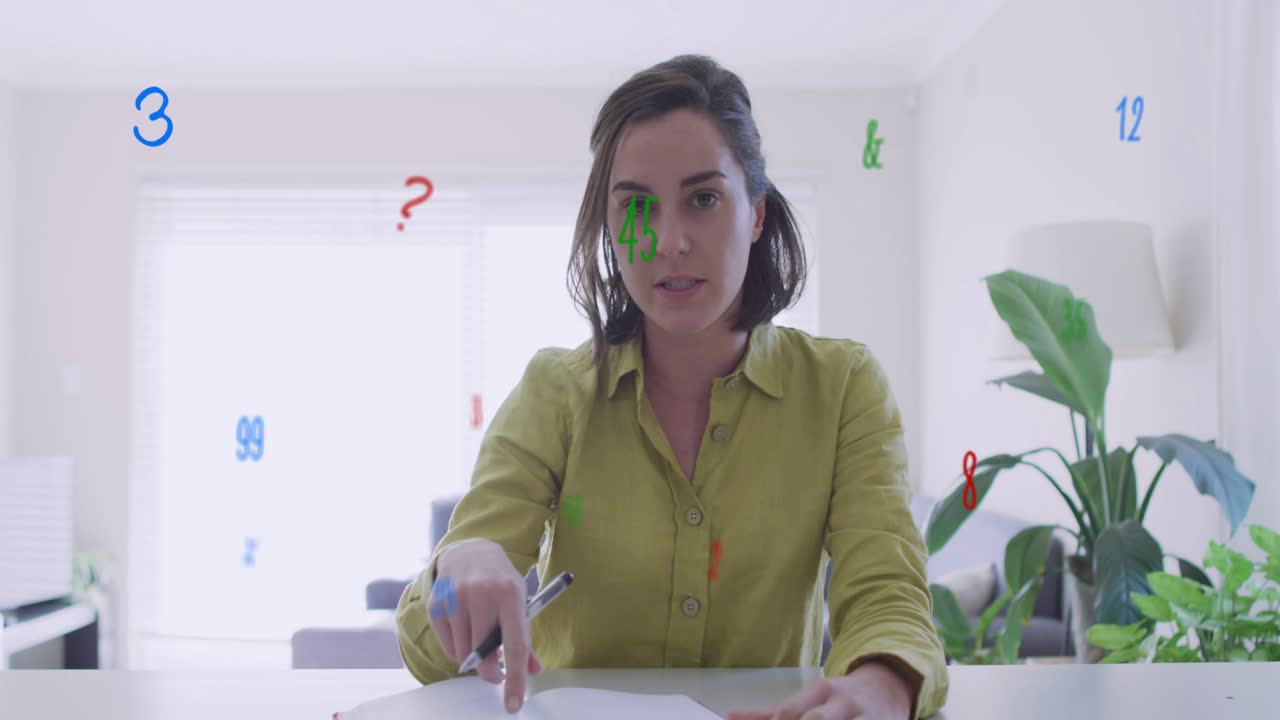 Woman pointing pen at papers, causing animated numbers overlaying face and showing finance figures