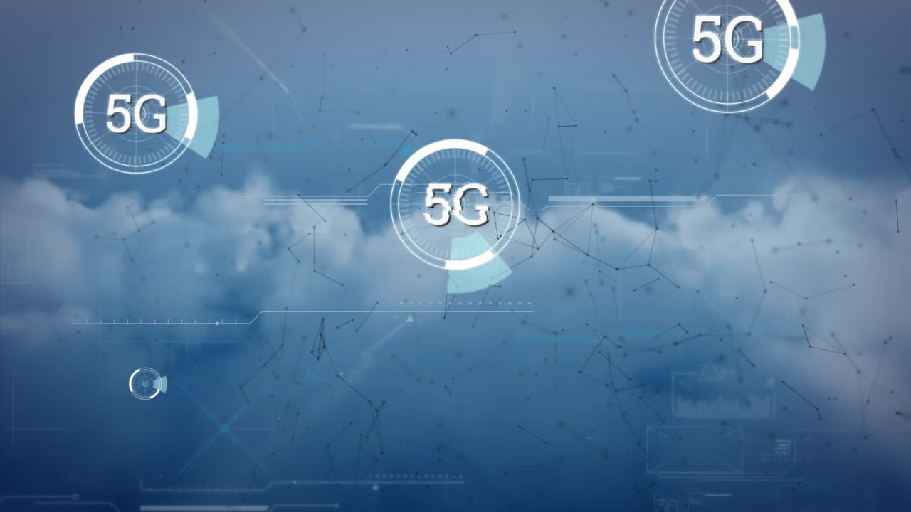 animación de la red de conexiones y escaneado de alcances con texto 5g sobre nubes