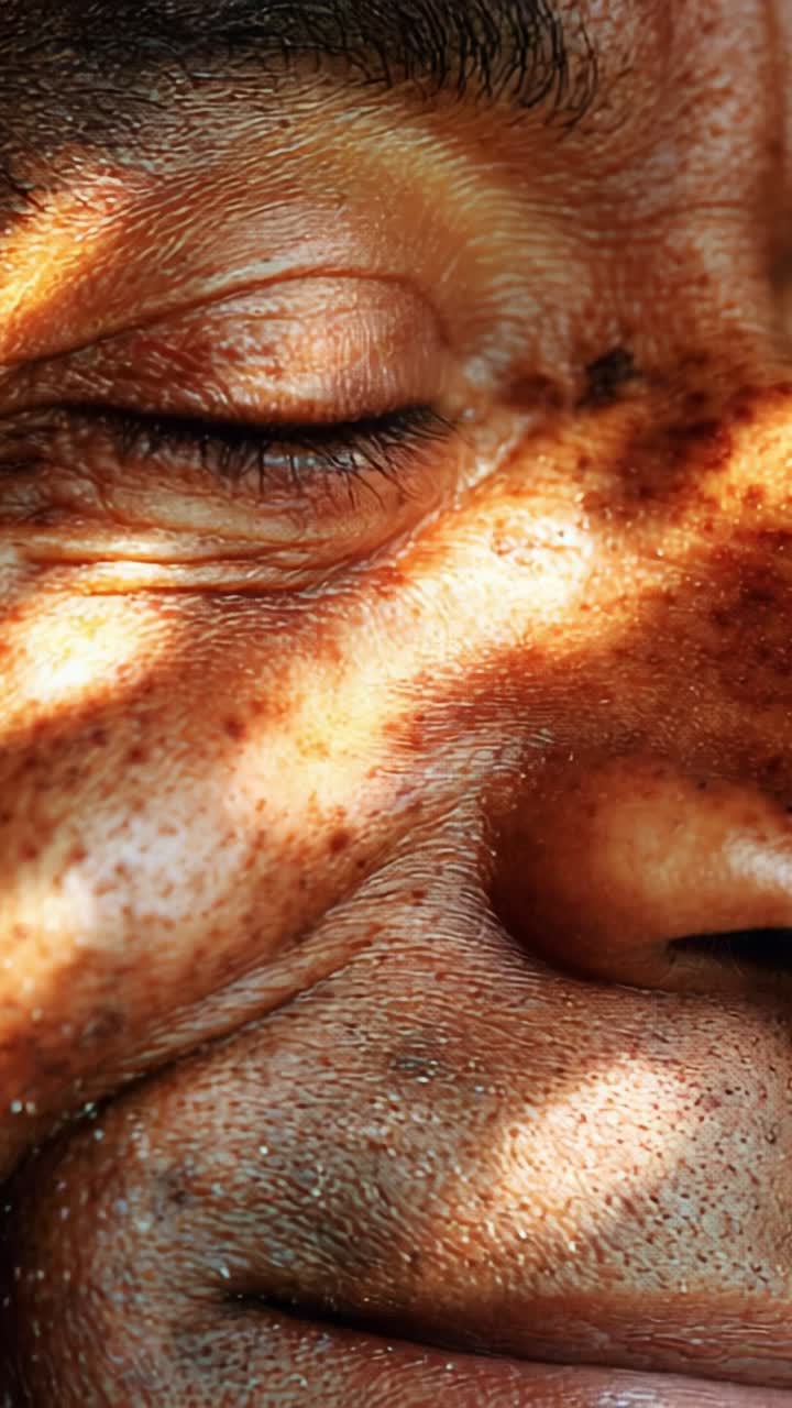 Close-Up of a Face with Expressions of Contentment and Intriguing Light Play, Highlighting Textures of Skin and Unique Features in a Serene Moment