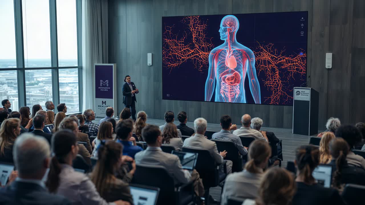 Presentation starting, speaker in suit presenting anatomy at display in conference room, copy space