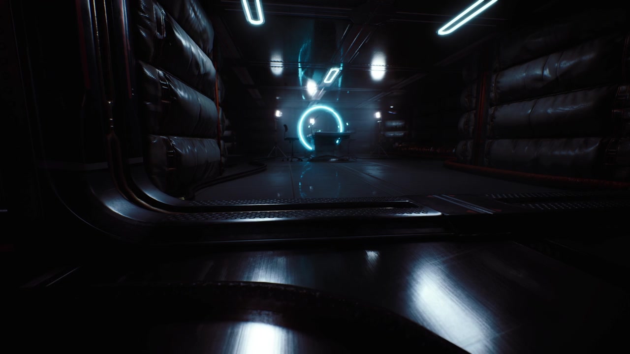 Corridoio futuristico illuminato da luci al neon in un'ambientazione fantascientifica