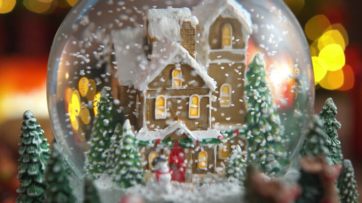 Snow Globe on Christmas Table with Snow Falling Inside and Fire Burning in the Background, Macro and Slow Motion