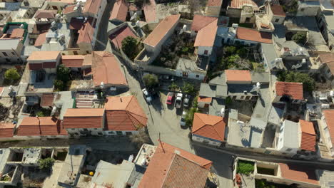 top-down view of terracotta-roofed buildings on a street