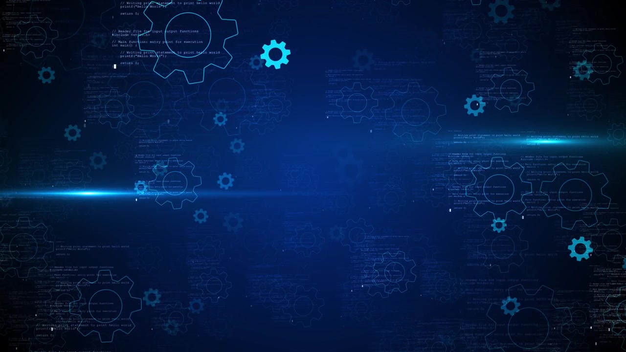 Blue gear automation background with floating cog shapes code textures lens flares and dark