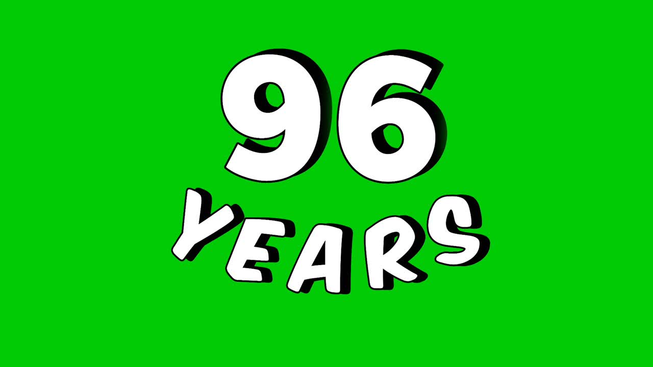 Filmato animato del numero "96 anni" con uno sfondo green screen. Il numero è presentato in uno stile moderno e dinamico, perfetto per l'editing di video di compleanno, elemento video per anniversari.