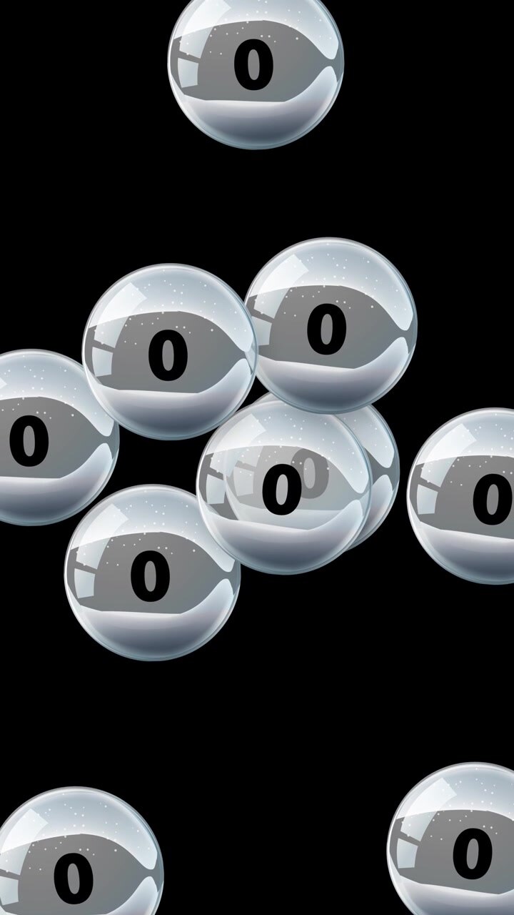 Transparent glass bubbles containing the number zero fall vertically against a dark background.