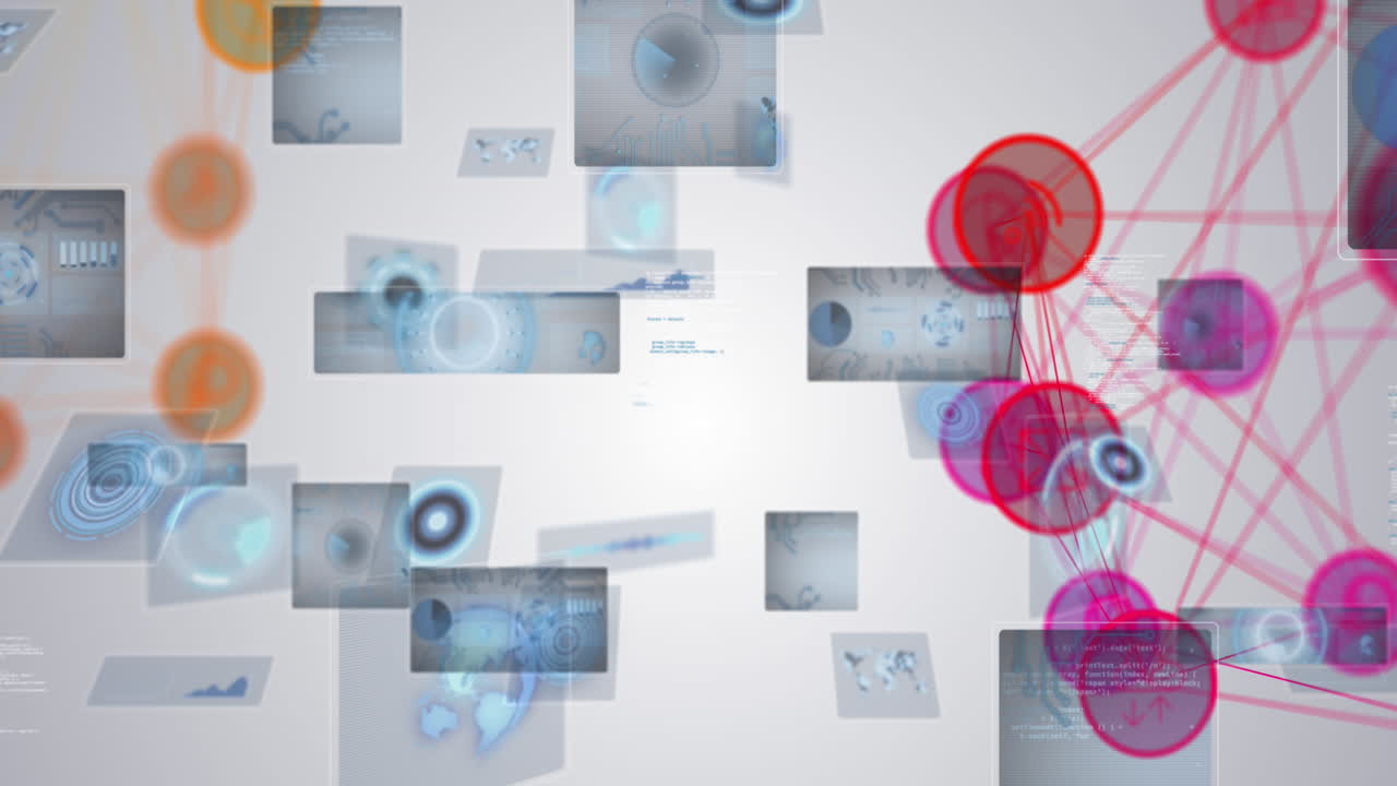 animación de redes de conexiones, escaneo de ámbitos y procesamiento de datos en pantallas