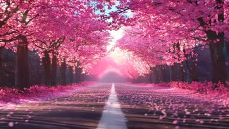 A road lined with pink cherry blossom trees in the middle of a forest
