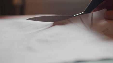 close up of scissors cutting through pale fabric with natural backlighting