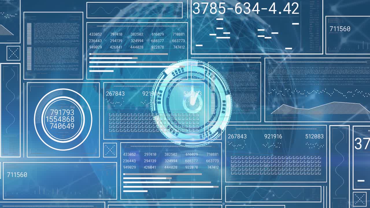 animación de reloj de neón y interfaz con procesamiento de datos contra globo sobre fondo azul.