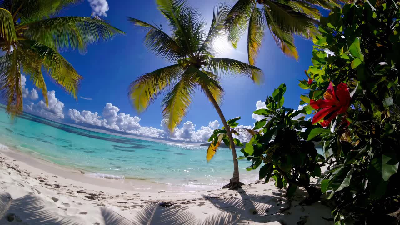 Ein Fischaugenobjektiv fängt eine tropische Strandszene mit Palmen und Blumen unter einem strahlenden Himmel ein