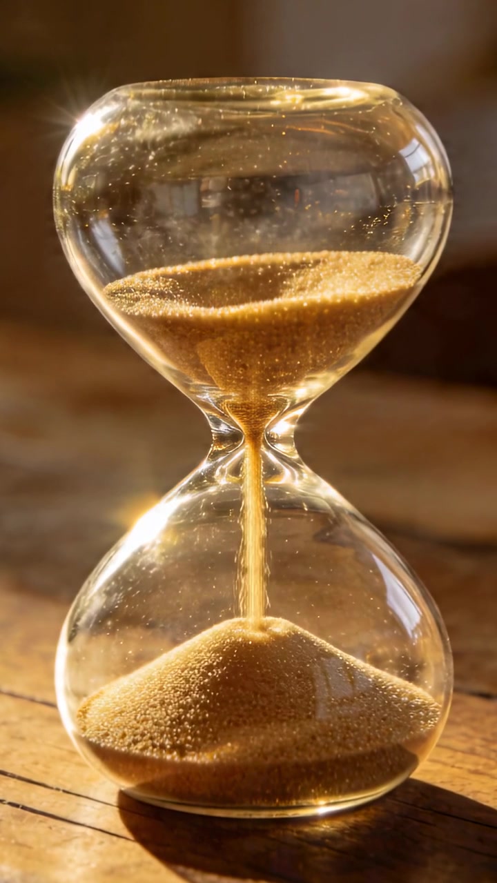 Vertical video: Sunlight starting clear hourglass pouring golden sand on wooden table, marking time