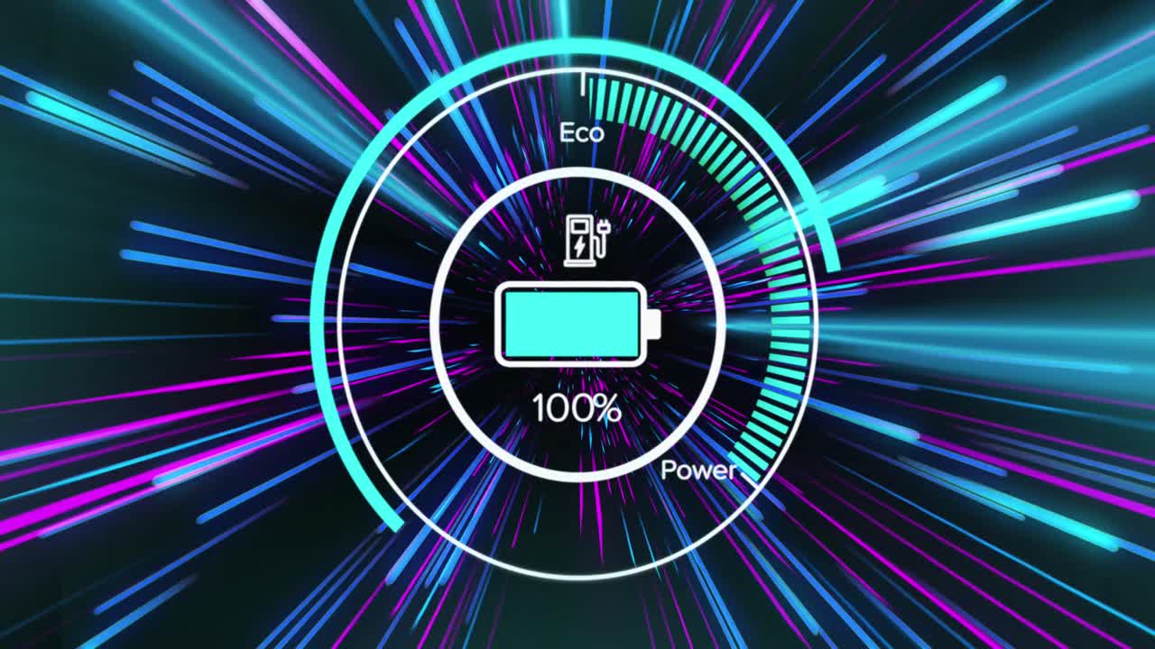 animación de iconos de coches eléctricos sobre senderos de luz de neón rosa y azul