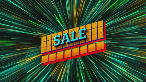 animation of blue sale text over yellow squares and green lights on black background