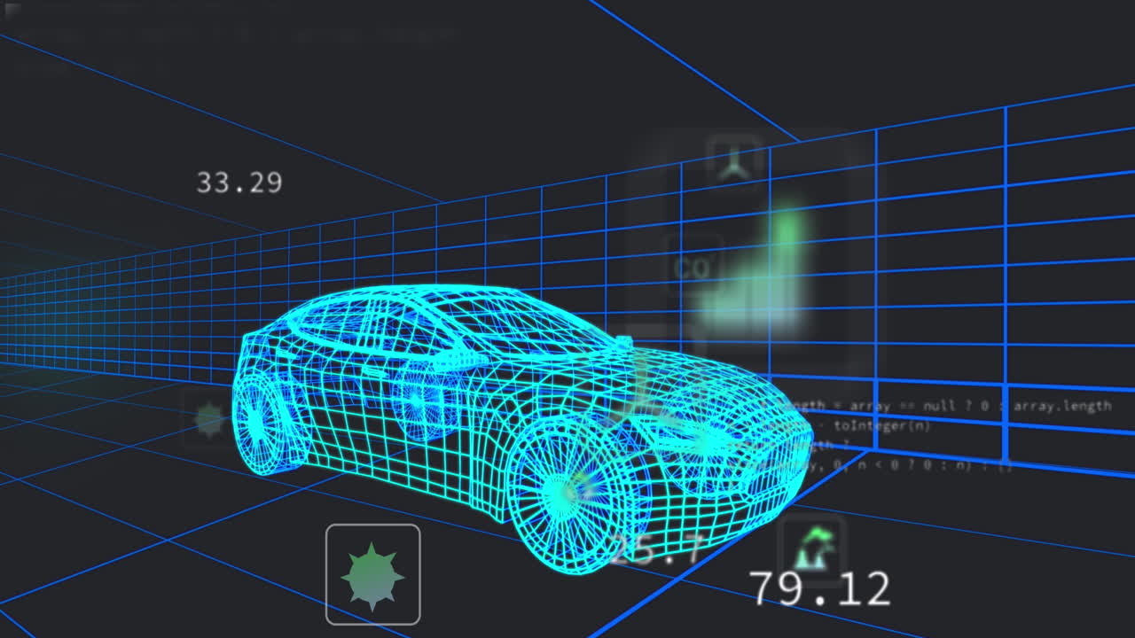 animación de iconos eco y procesamiento de datos sobre dibujo técnico de automóviles en 3d