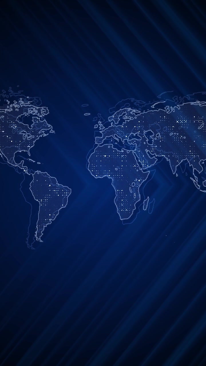 Pantalla de tecnología de mapas digitales globales con formas de tierra punteadas, tono azul profundo y negocios modernos