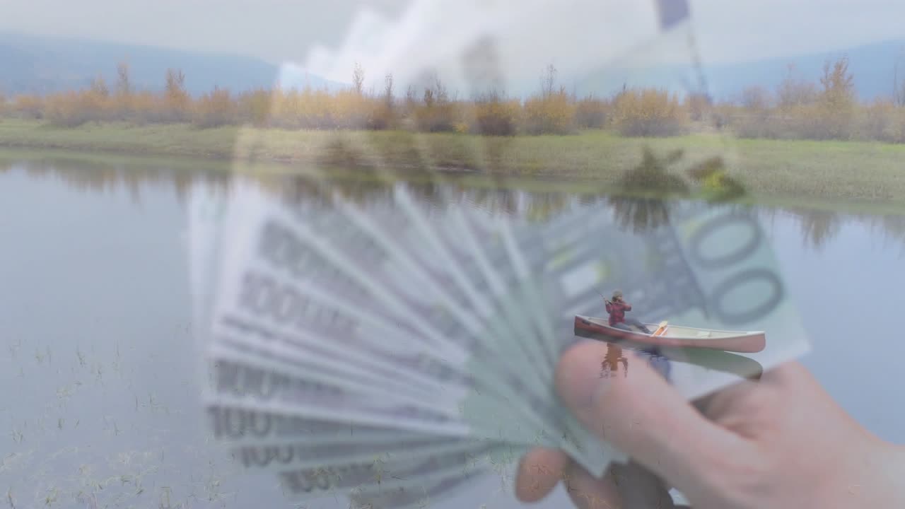 Right hand entering frame, fanning 100 banknotes over lakeshore, overlaying motion blur for finance
