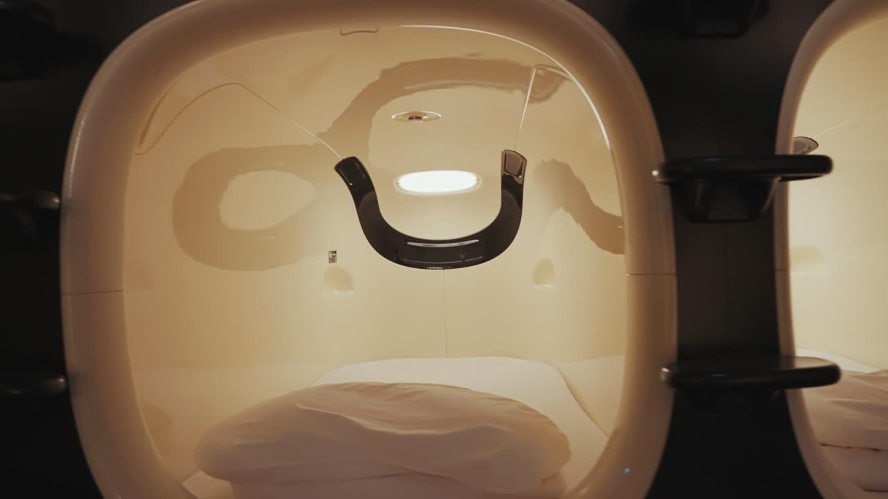 View of capsule pod and beds inside a capsule hostel and hotel in Tokyo showcases the modern, compact, and futuristic design of this unique and efficient accommodation style.