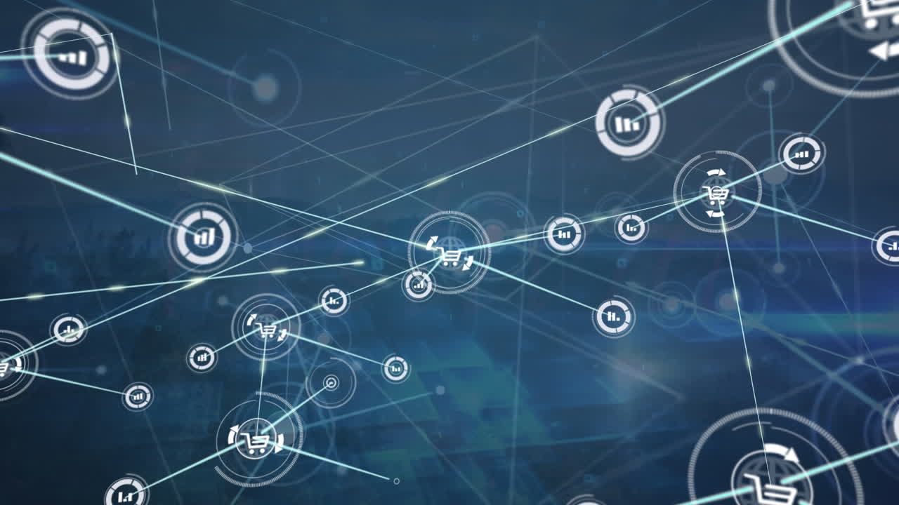 animación de una red de iconos digitales y senderos de luz contra un paisaje con montañas y árboles