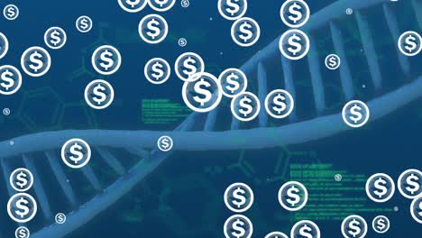 animation of dollar symbols over dna and chemical structures against data processing