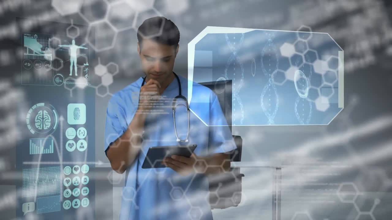 Animation of medical data processing, dna strand and chemical compound structures against male docto