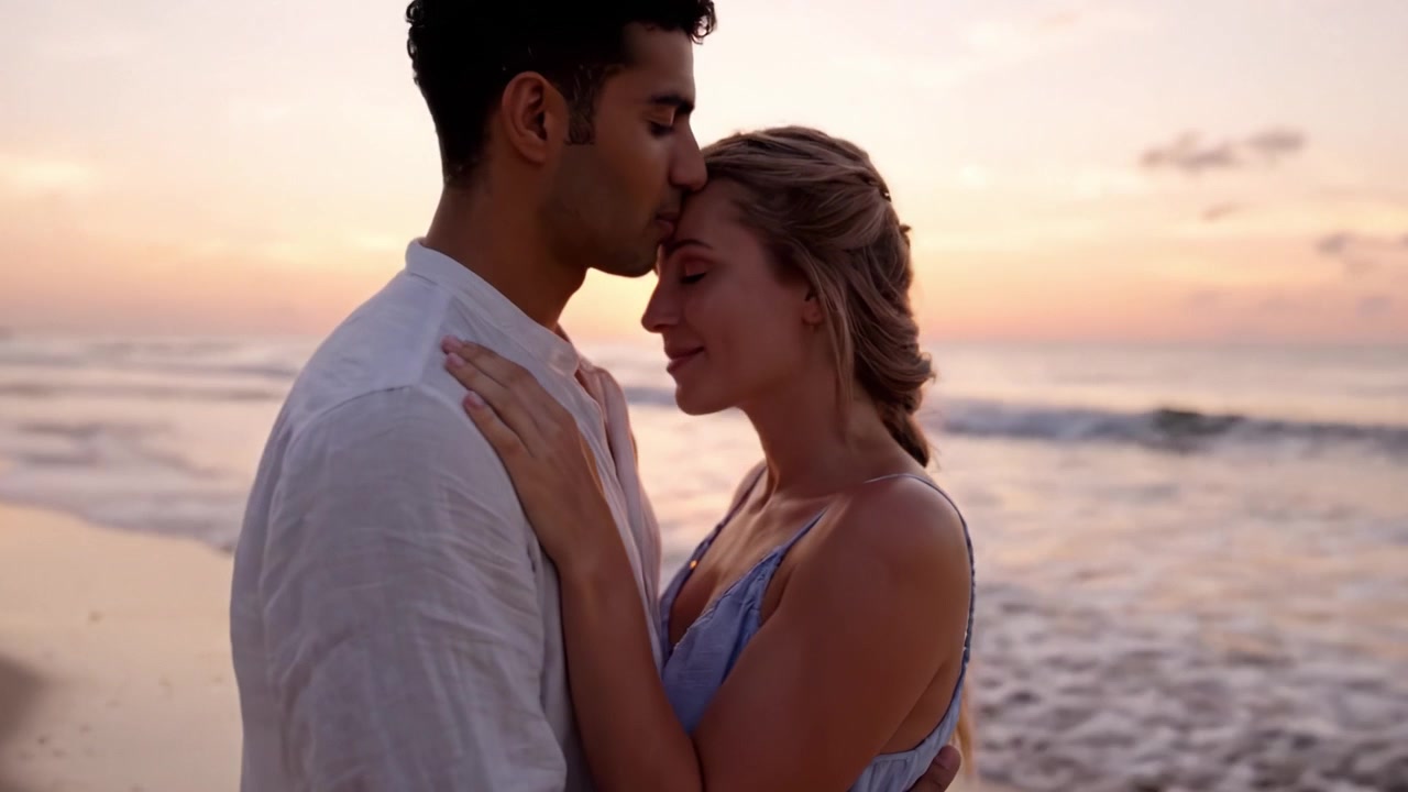 Una romantica passeggiata serale lungo la spiaggia al tramonto, dove una coppia si gode momenti intimi che mostrano amore, connessione e la bellezza delle onde dell'oceano