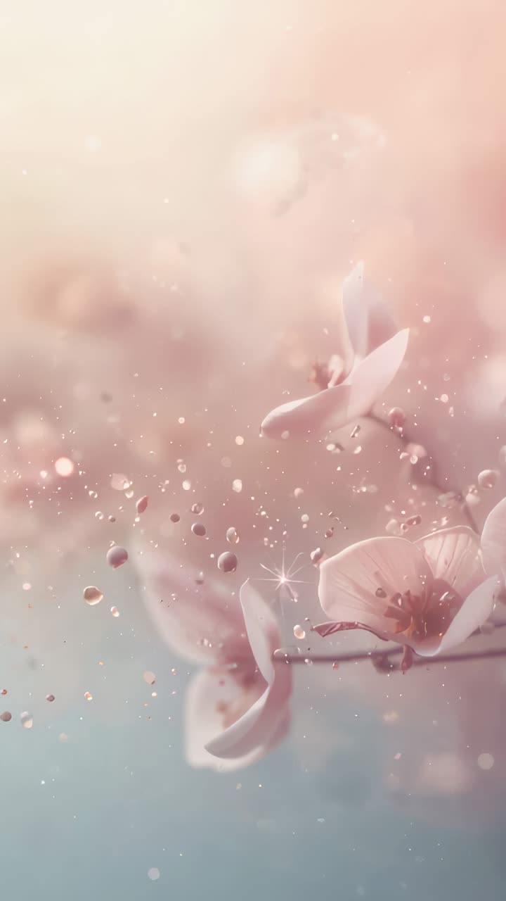 Video verticale: Stelo fluttuante con fiori rosa pallido in studio, perline che si muovono durante la riproduzione, spazio per il testo.