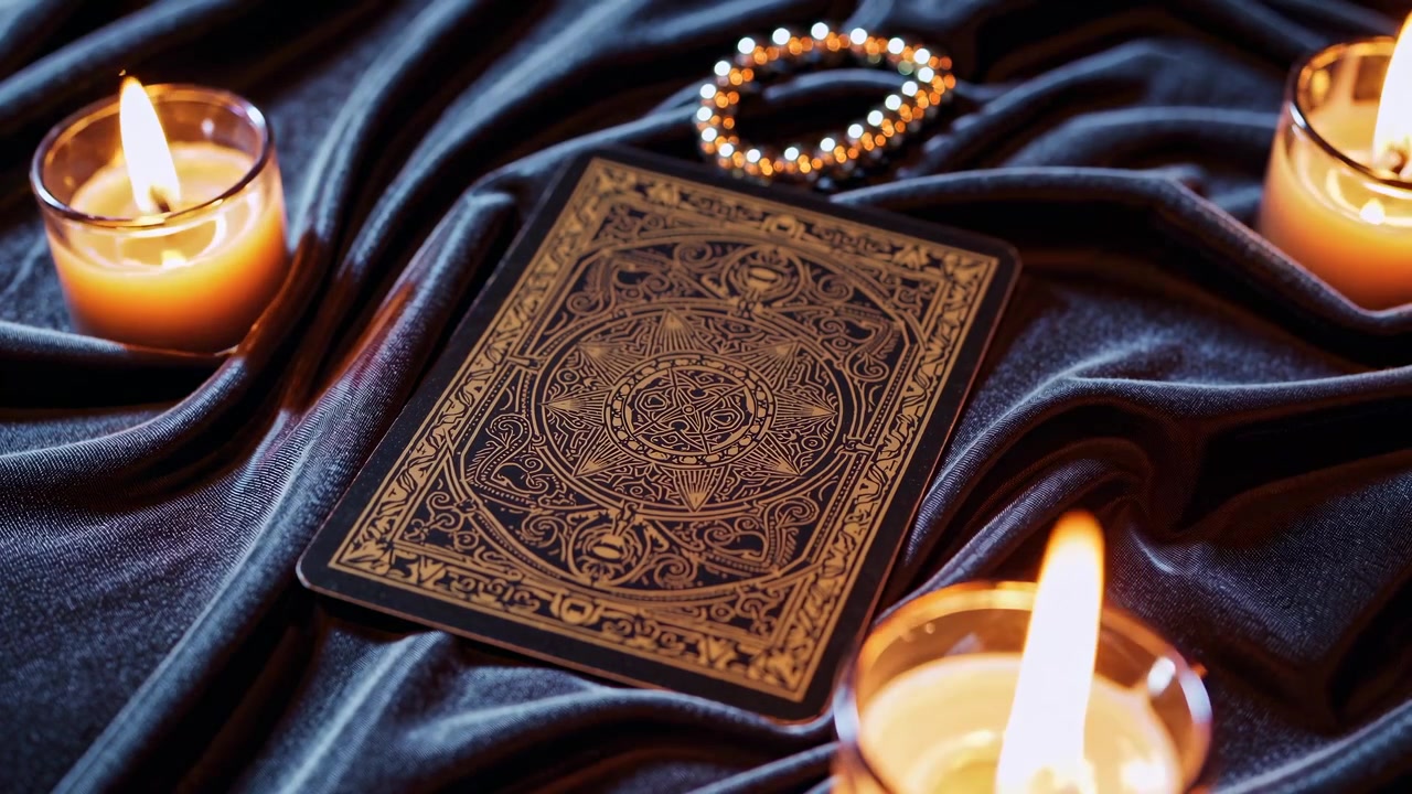 Kartu Tarot Terletak di Atas Kain Beludru Dikelilingi Lilin yang Menyala