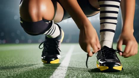 female athlete tying shoes on soccer field