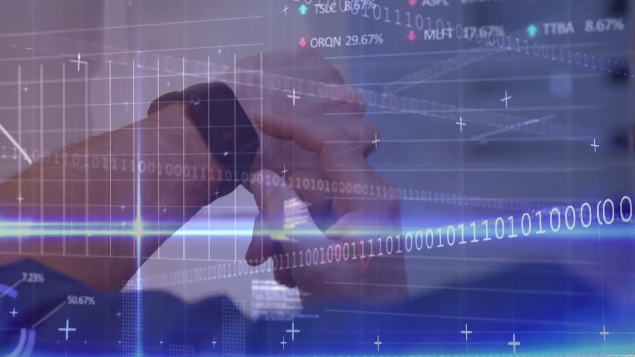 스마트워치를 사용하는 백인 사업가의 뒷면을 통해 주식 시장 데이터 처리의 애니메이션