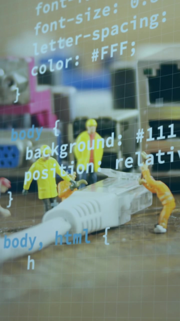 Animation of programming language and circles over figurines and electrical plug