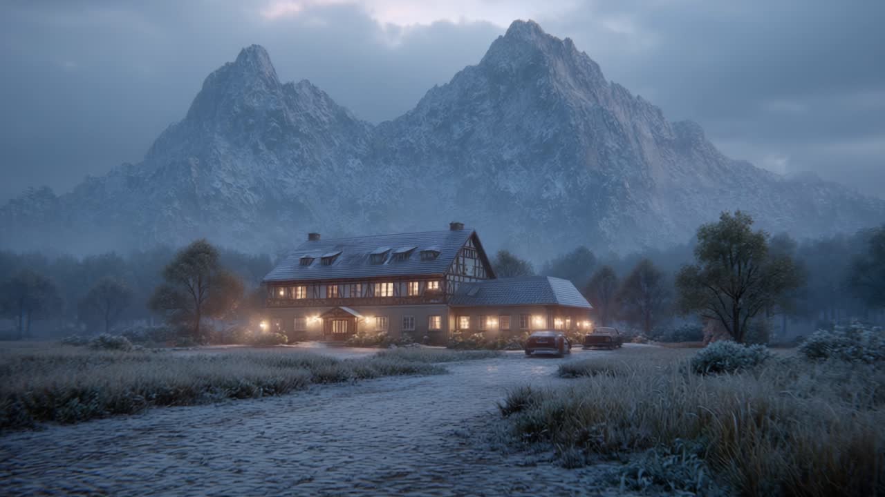 A Tranquil Mountain Retreat: A Cozy Lodge Embracing Nature's Beauty Amidst Serene Landscapes and Majestic Peaks During a Peaceful Evening