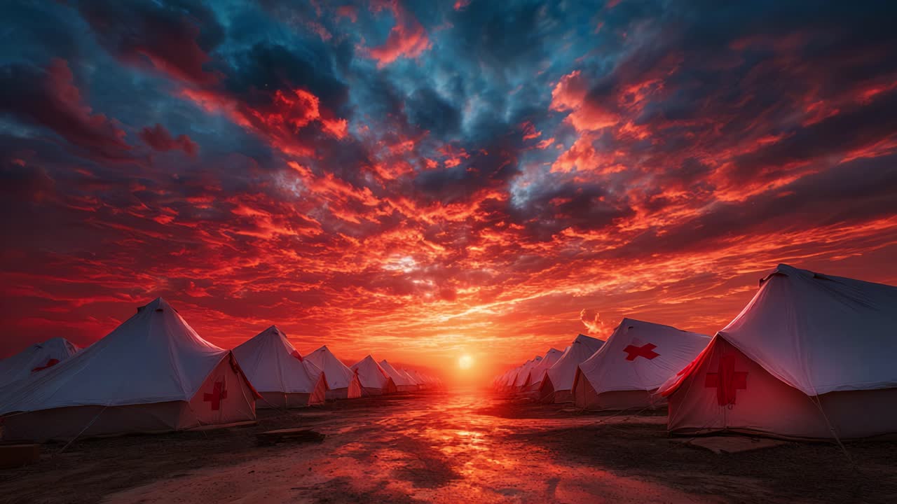 Breathtaking Sunset Over Medical Tents Illuminated by Fiery Skies, Capturing a Moment of Resilience and Hope in a Field of Aid under Dramatic Cloud Formations