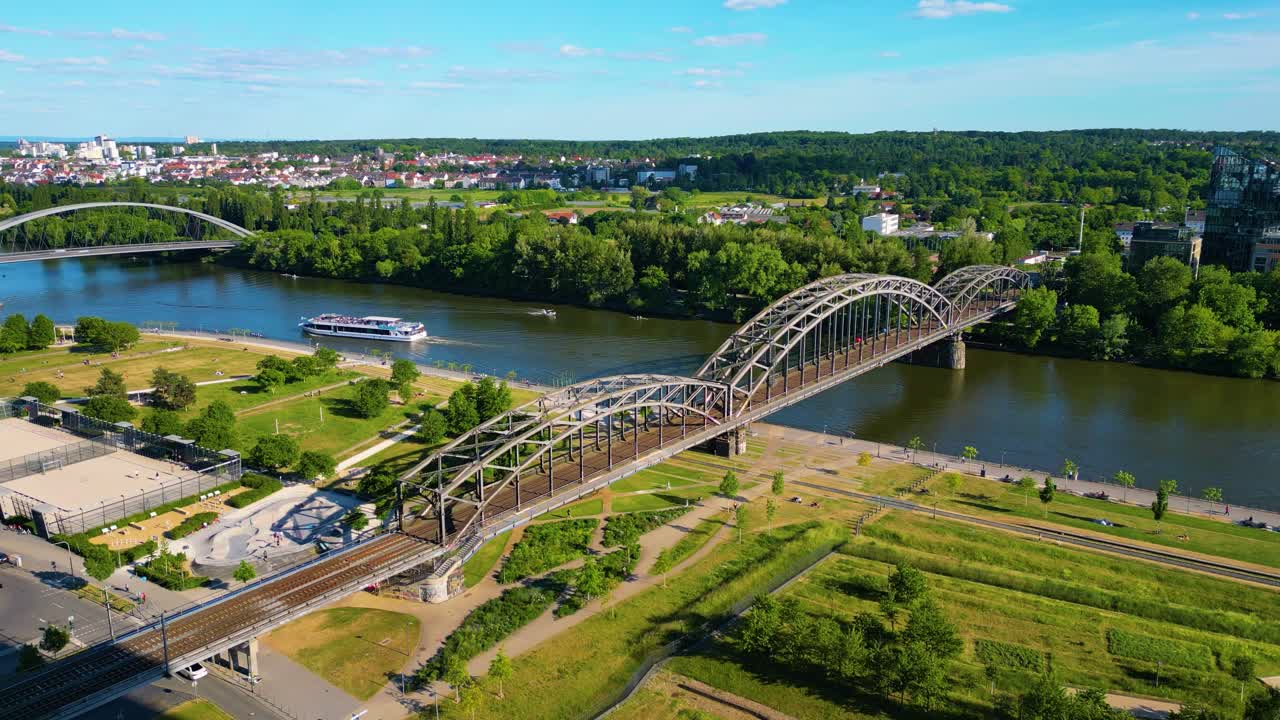 4K-dronevideo af en sightseeingbåd, der sejler på Main-floden under jernbanebroen og forbi en skatepark i Frankfurts centrum, Tyskland