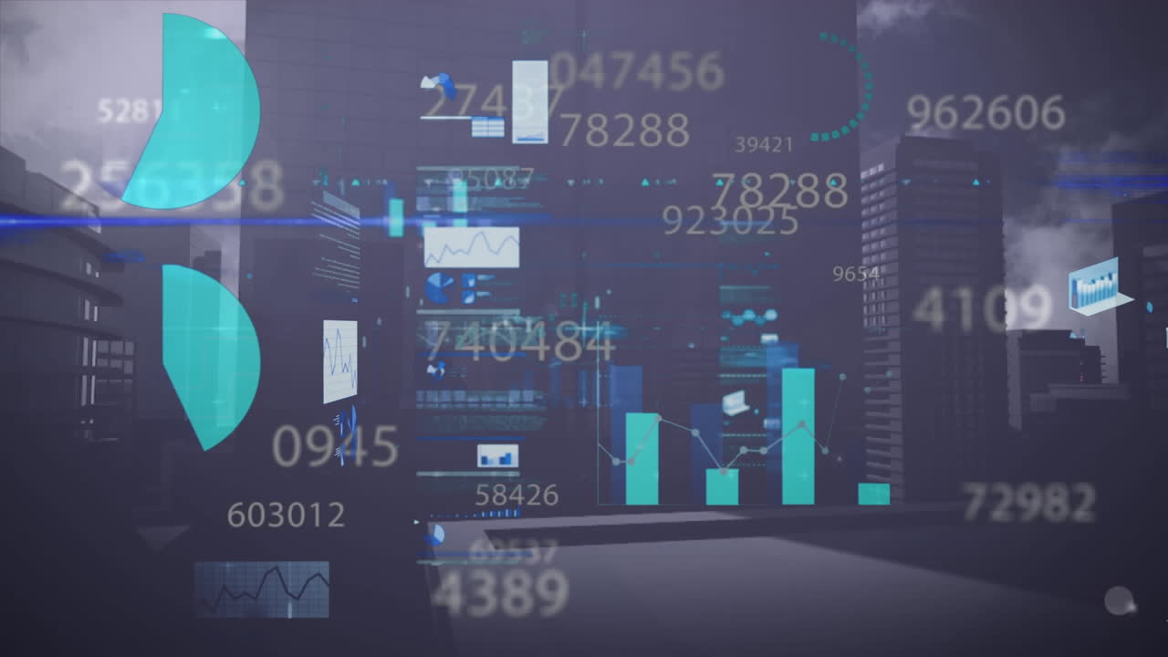 animazione di numeri mutevoli su grafici, dati su edifici contro il sole dietro un cielo nuvoloso.
