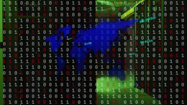 Animazione di mappa del mondo, codifica binaria ed elaborazione dati su server informatici