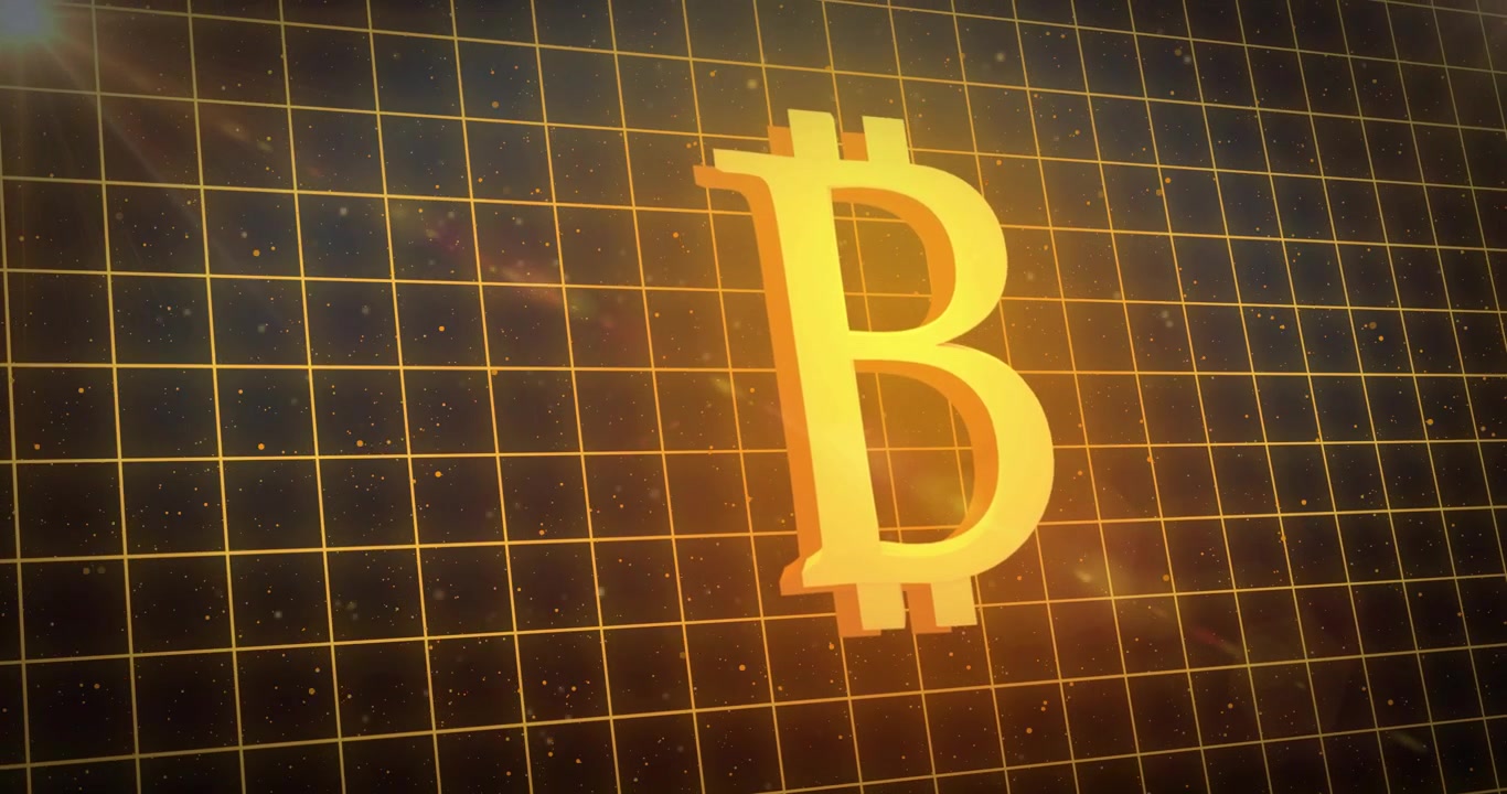 Golden Bitcoin Symbol Rotating on a Digital Grid Background
