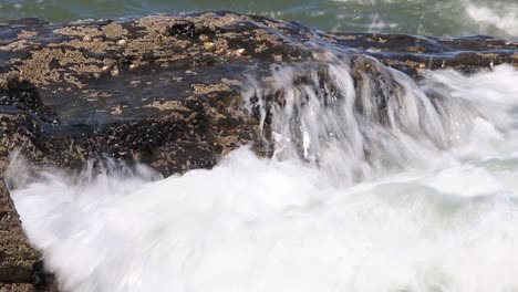 an incoming tide laping over a barnacle and mussel covered rock