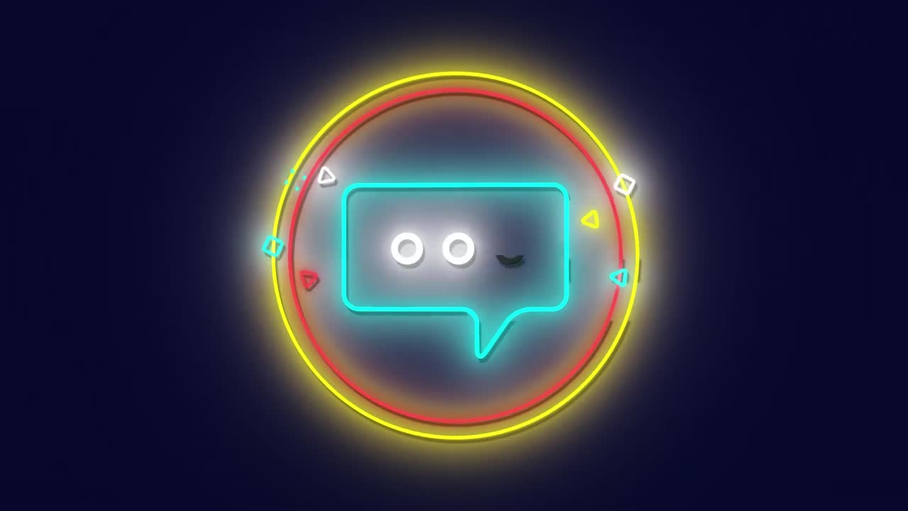 Flickering neon digital message icon in circle over dark background