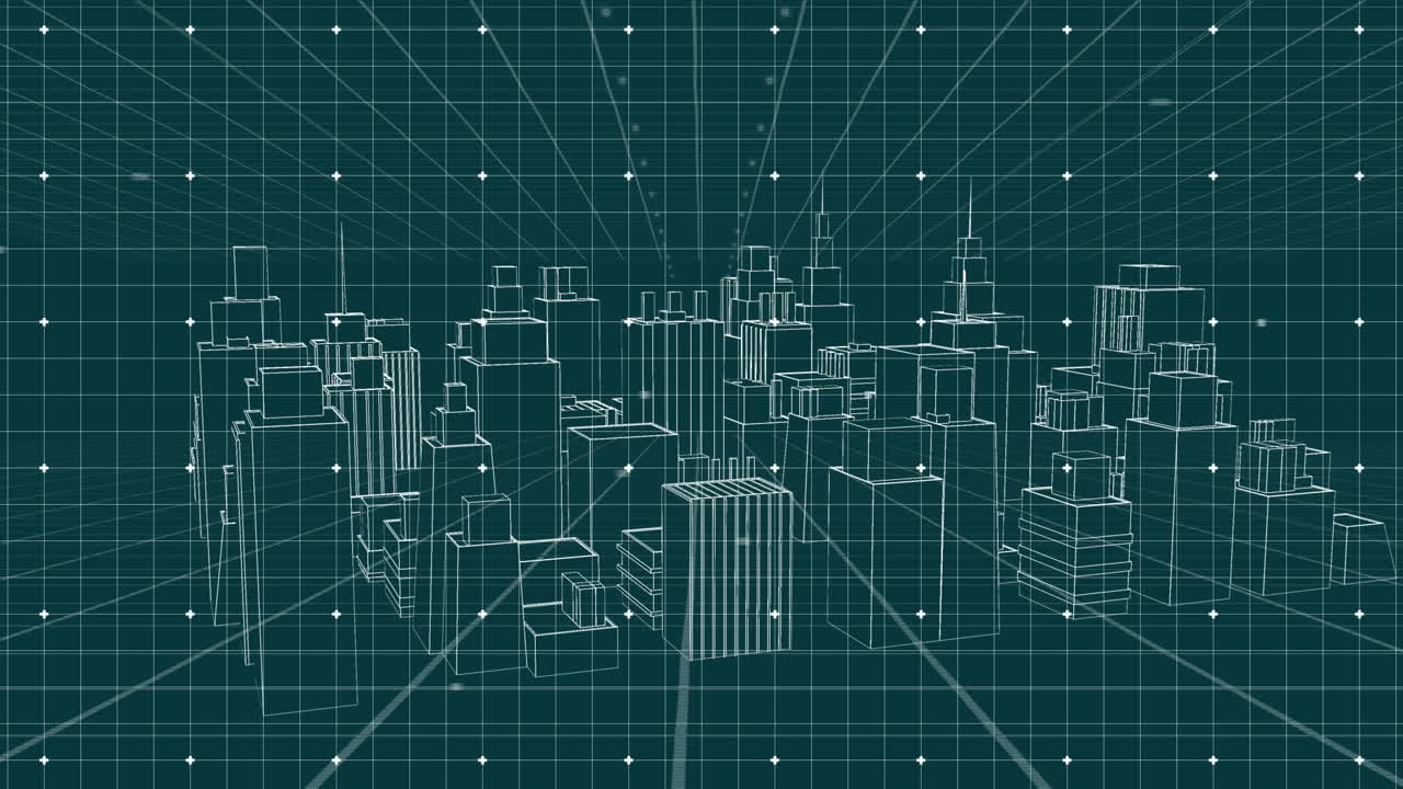 3d 아키텍처 도시 그림의 애니메이션이 그리드 위에 회전합니다.