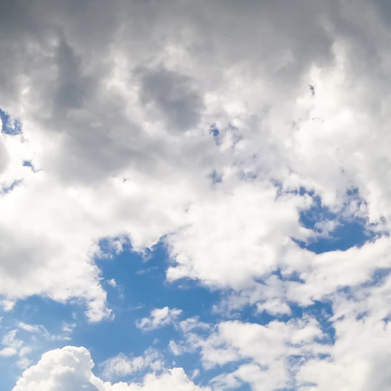 Fluffy white and grey clouds in the atmosphere. Formation of the cloudscape from low angle view. Timelapse