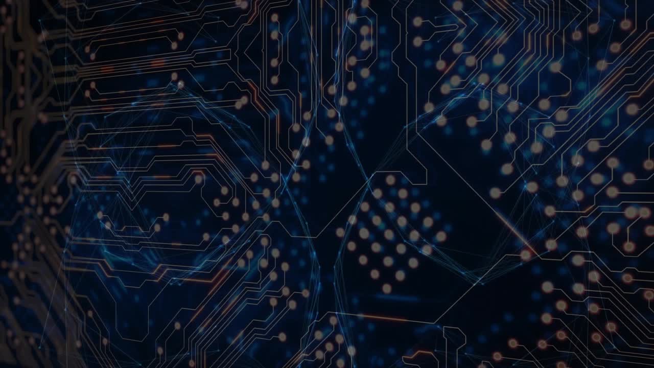 Circuit pattern lighting data sphere emerging rotating pulsing shaping fading visualizing data flow