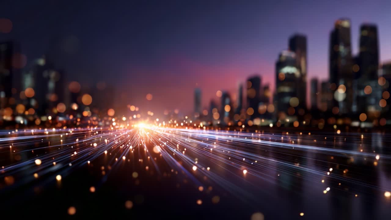 Eine pulsierende Stadtlandschaft in der Dämmerung: Schimmernde Lichter und dynamische Energieströme, die durch eine futuristische urbane Landschaft fließen und sich im Wasser spiegeln