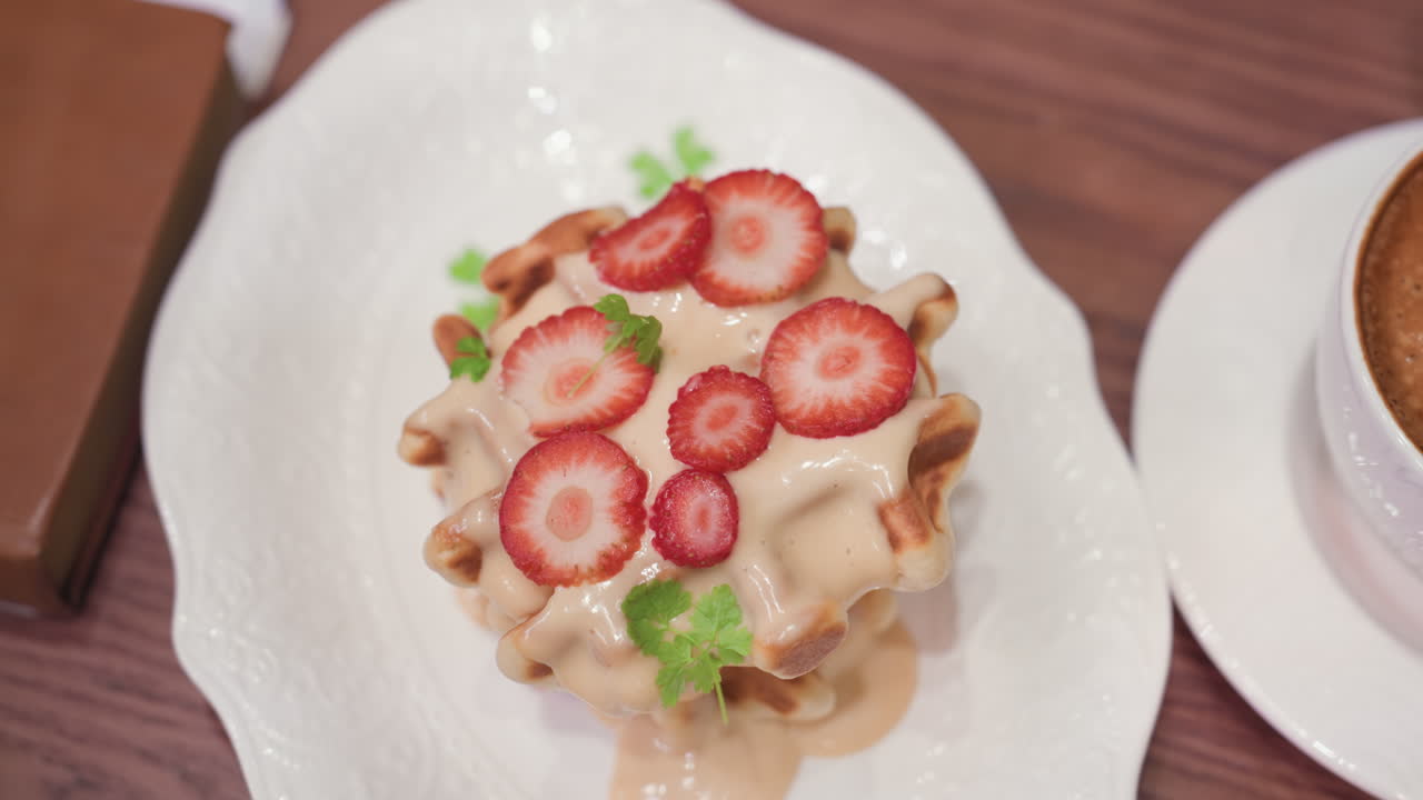 Top view of creamy waffles with sliced strawberries and green garnish served on white plate beside latte in white cup on brown wooden table with part of brown book slightly visible at edge