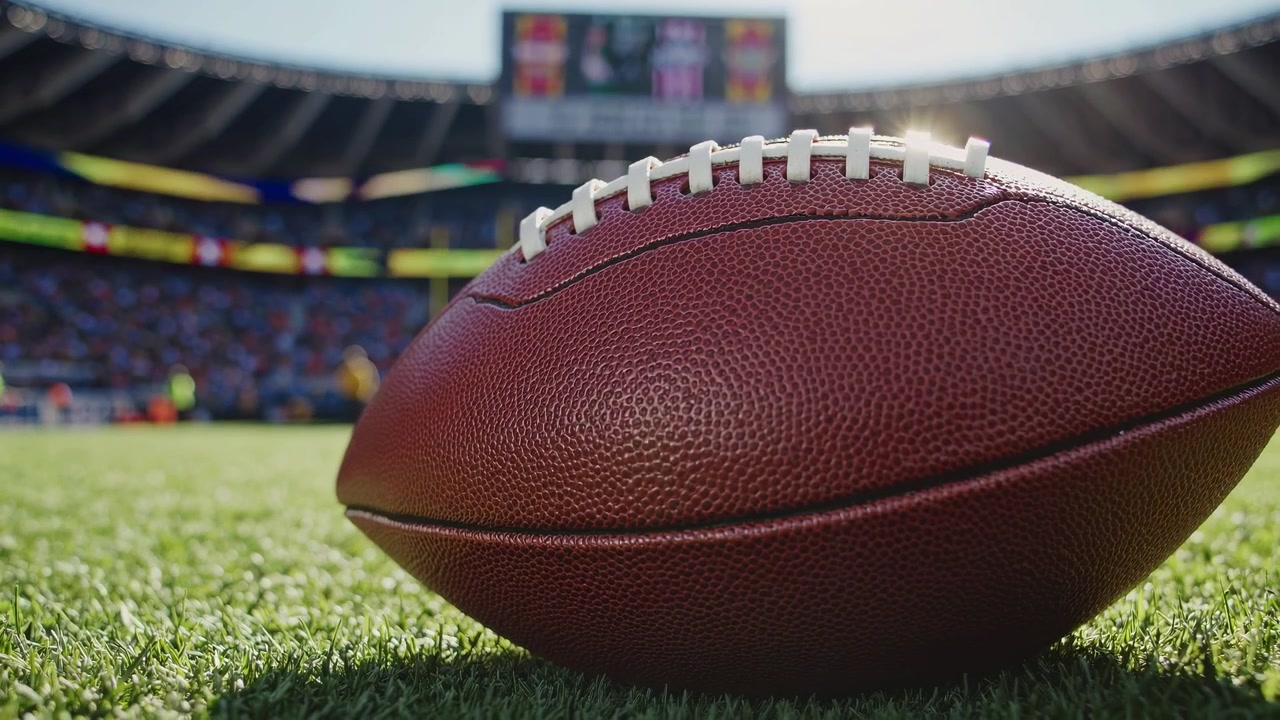 Pallone da football americano appoggiato sul campo in erba dello stadio